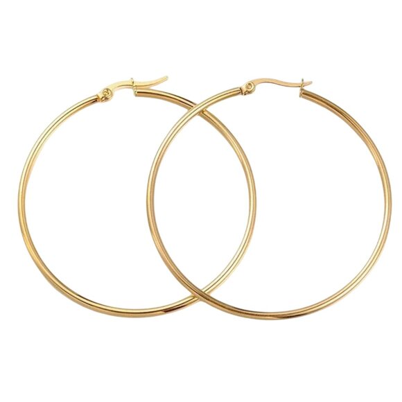 2 Inch 50mm Thin Hoop Pierced Post Earrings Gold Tone 2mm Band - Picture 4 of 5